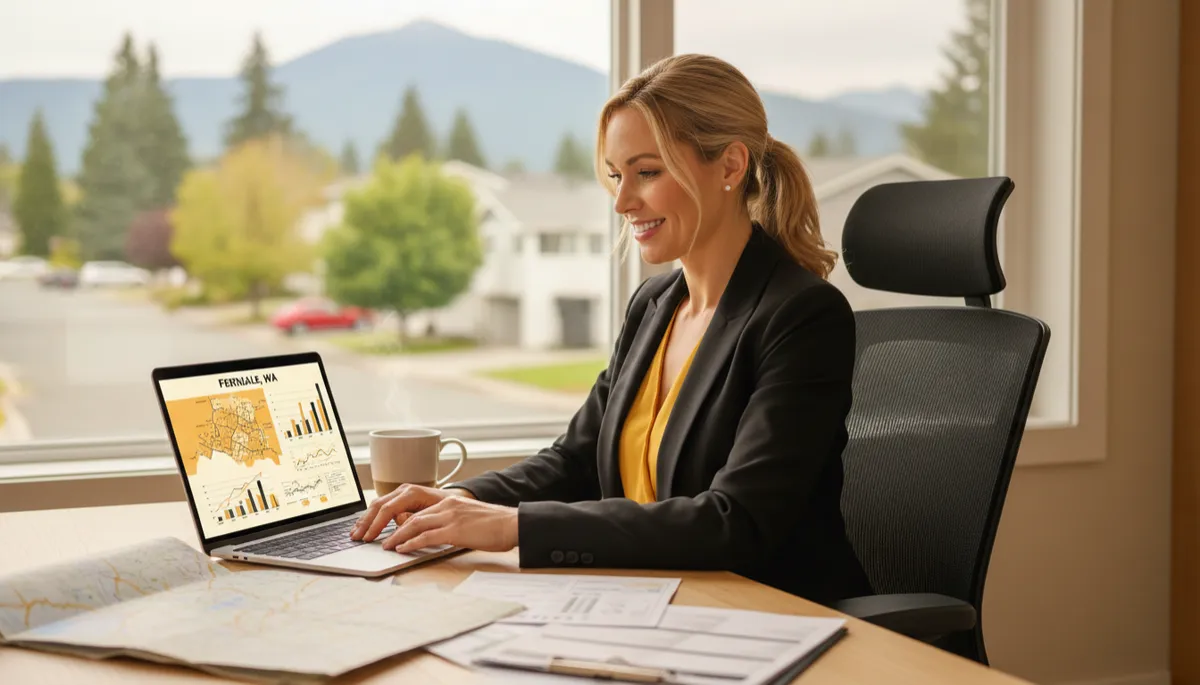 photorealistic realtor reviewing Ferndale WA real estate market report on laptop for hyperlocal real estate marketing and realtor lead generation