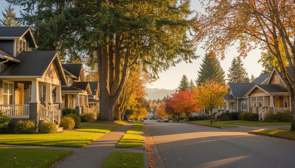 Craftsman homes on a Ferndale, WA street in autumn at golden hour for hyperlocal real estate marketing