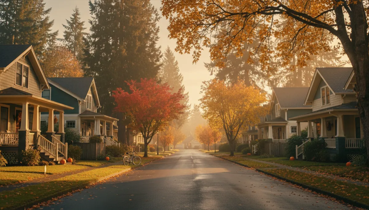 photorealistic charming Pacific Northwest small-town residential street in Ferndale Washington in autumn with craftsman homes front porches and evergreen trees under soft golden-hour light warm tones