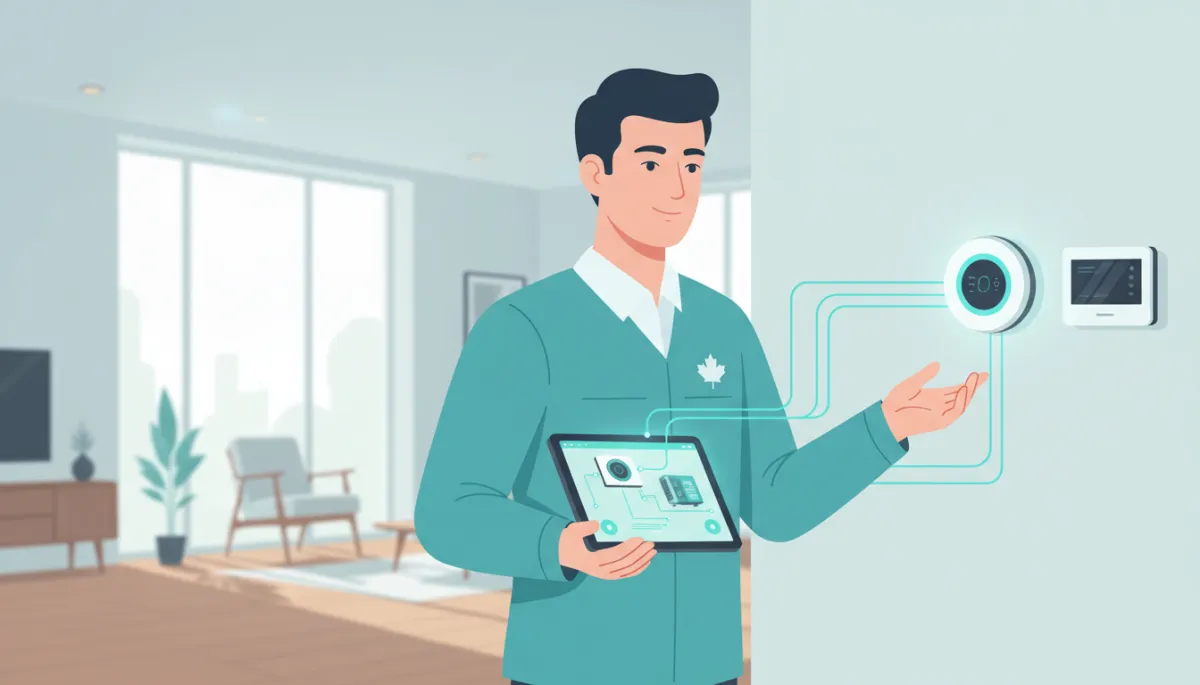 Technician configuring smart home HVAC system using a tablet Technician configuring smart home HVAC system using a tablet