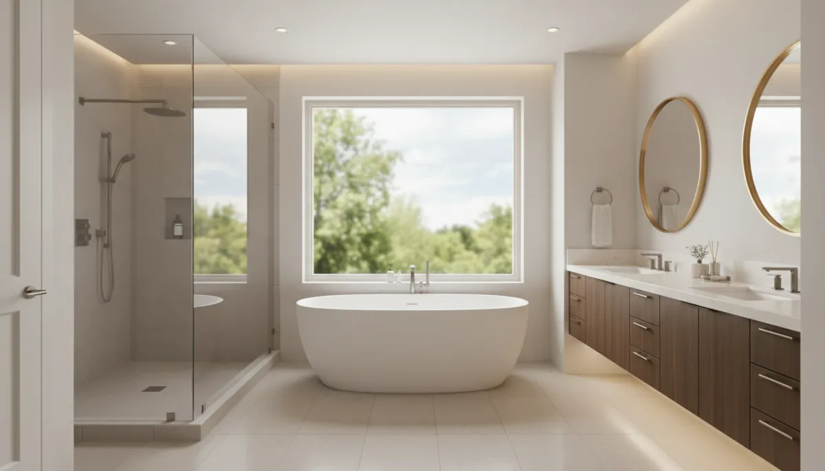 Luxury spa-inspired bathroom remodel with soaking tub and large shower