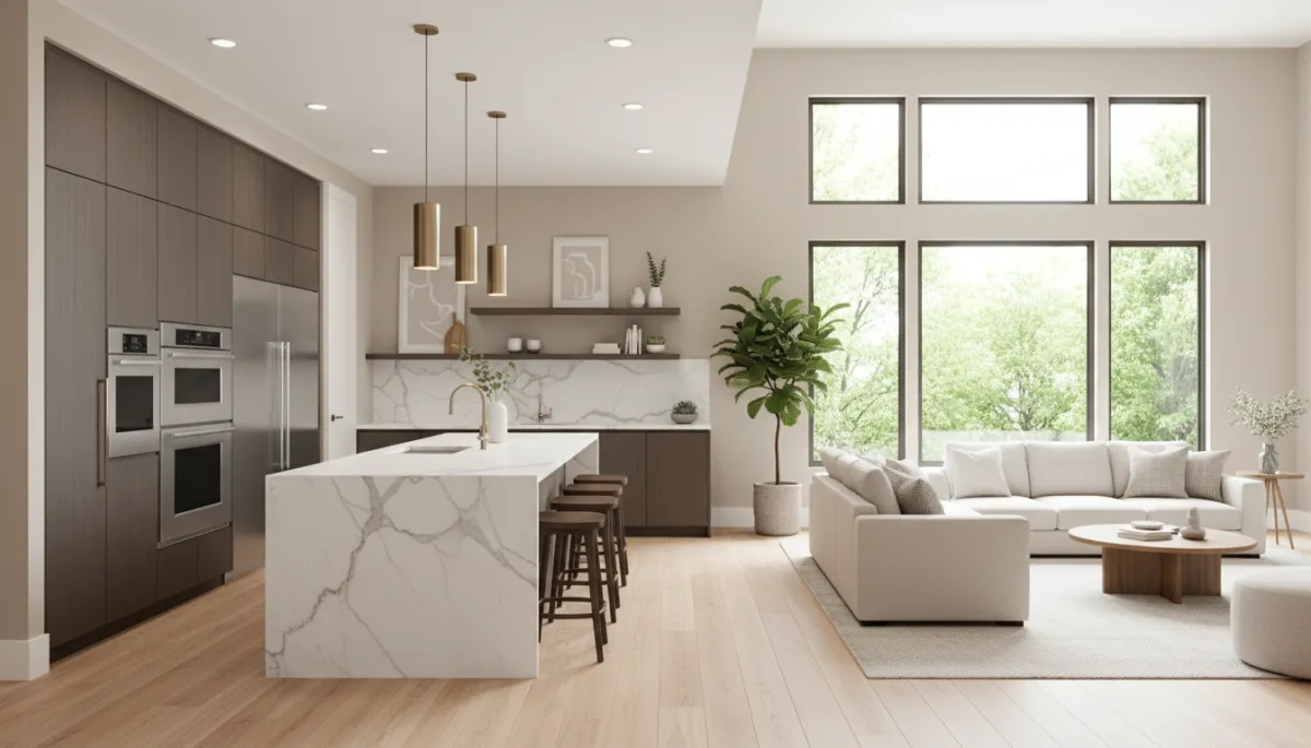 Create a photorealistic, high-resolution image of a modern, open-concept kitchen in a luxury Cherry Hills Village home, featuring sleek cabinetry, a spacious marble island with contemporary pendant lighting, stainless steel appliances, and elegant wood flooring. The kitchen should flow seamlessly into a tastefully designed living area with large windows showcasing natural light, subtle greenery, and sophisticated décor. The setting should match the upscale, spa-inspired bathroom remodel previously described for visual consistency. Emphasize clean lines, a neutral color palette, and a sense of inviting comfort, capturing the essence of Mile High Remodeling’s transformative work.