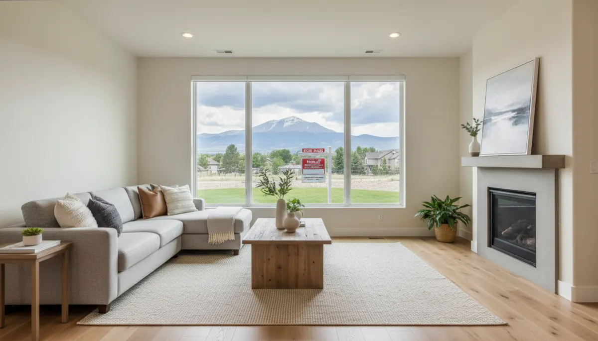 Staged living room in a Colorado Springs home with a for-sale sign outside Staged living room in a Colorado Springs home with a for-sale sign outside