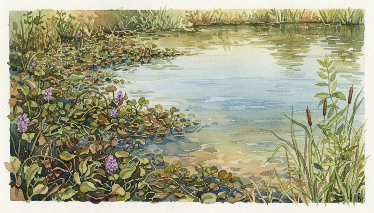Stormwater pond showing contrast between invasive plant overgrowth and well-managed shoreline Stormwater pond showing contrast between invasive plant overgrowth and well-managed shoreline