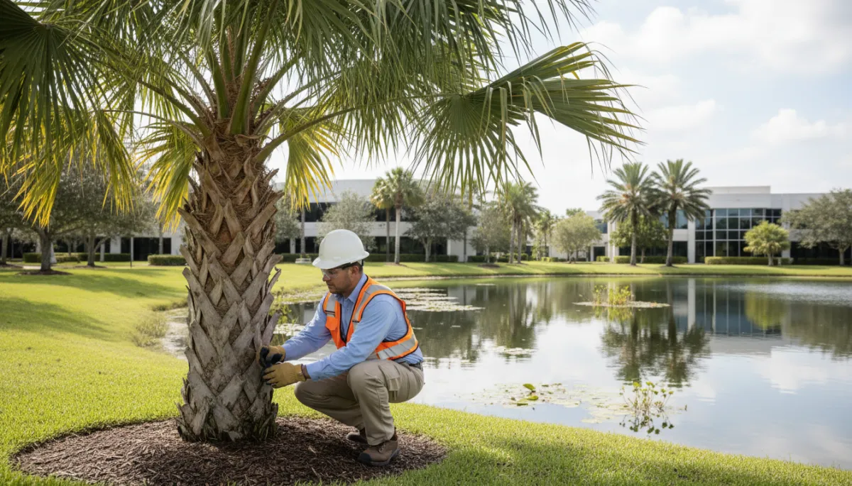 Certified technician inspecting palm tree and pond on a commercial property