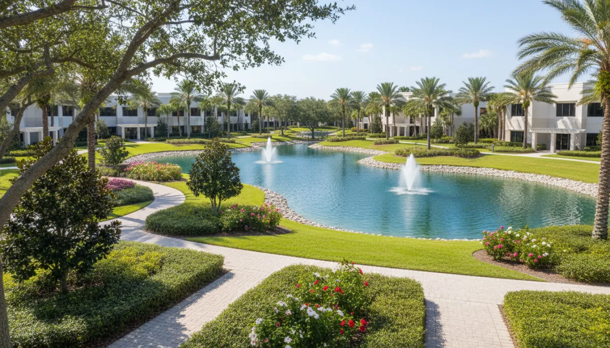 Create a photorealistic, high-resolution image of a pristine commercial landscape located in Brevard County, Florida. The scene features lush, neatly trimmed green grass, vibrant healthy shrubs, and iconic palm trees, all under a bright, clear blue sky. In the foreground, a professional grounds maintenance technician is visible, dressed in a crisp company uniform with a clearly visible certification badge clipped to their shirt. The technician is actively performing maintenance, such as inspecting an irrigation system or carefully pruning bushes, demonstrating expertise and attention to detail. The environment exudes order and care, with every plant appearing healthy and meticulously maintained. In the bottom right corner, subtly overlay a small, semi-transparent version of the company logo as a tasteful watermark—ensuring it is unobtrusive yet clearly identifiable. The overall composition should convey professionalism, trust, and the value of certified technicians, making it ideal for a professional blog header about grounds maintenance best practices in Brevard County.