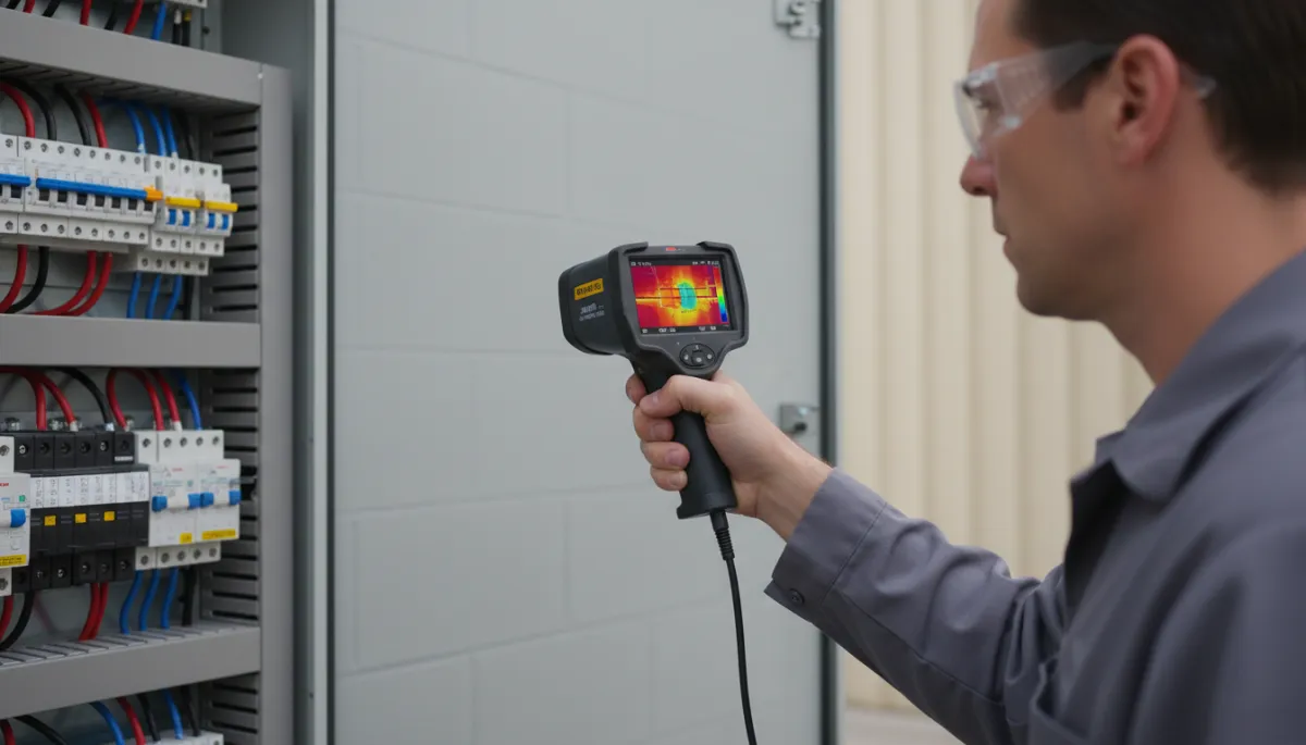 Technician performing thermographic inspection on an electrical panel in a commercial facility Technician performing thermographic inspection on an electrical panel in a commercial facility