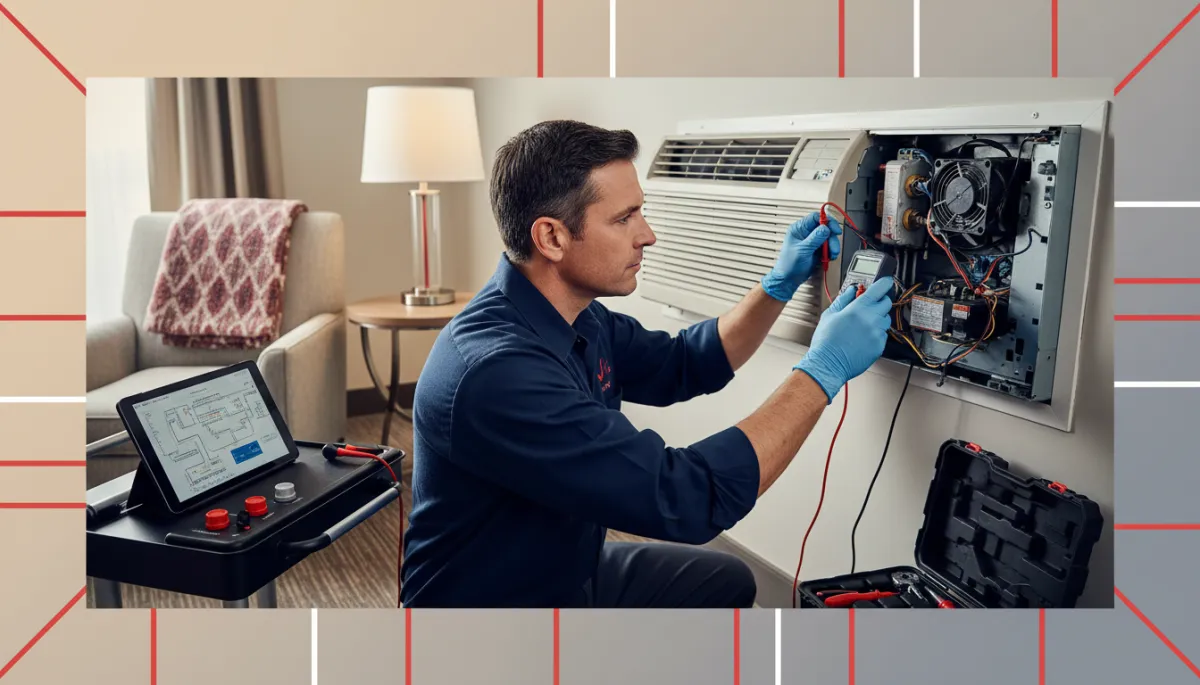 Technician performing maintenance on a PTAC unit in a resident room