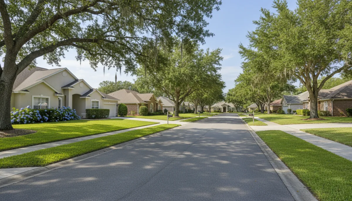 Residential neighborhood street in Ocala with single-family homes and trees
