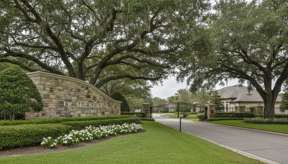 Entrance to a gated Ocala neighborhood lined with oak trees and manicured landscaping
