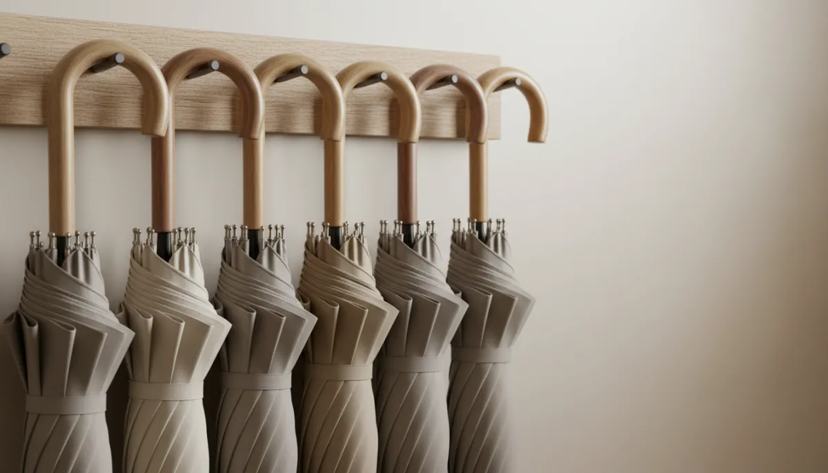 Row of neutral-colored umbrellas hanging on a wall rack Row of neutral-colored umbrellas hanging on a wall rack