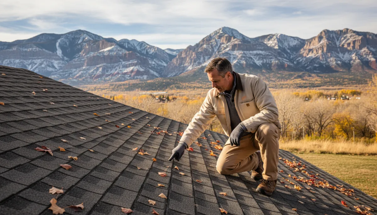 Homeowner inspecting a Utah roof in fall to prevent storm damage Homeowner inspecting a Utah roof in fall to prevent storm damage