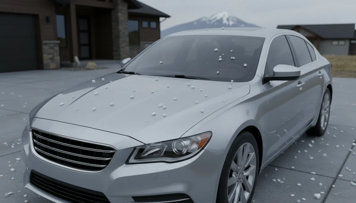 Car in a Midway Utah driveway showing visible dents from hail damage