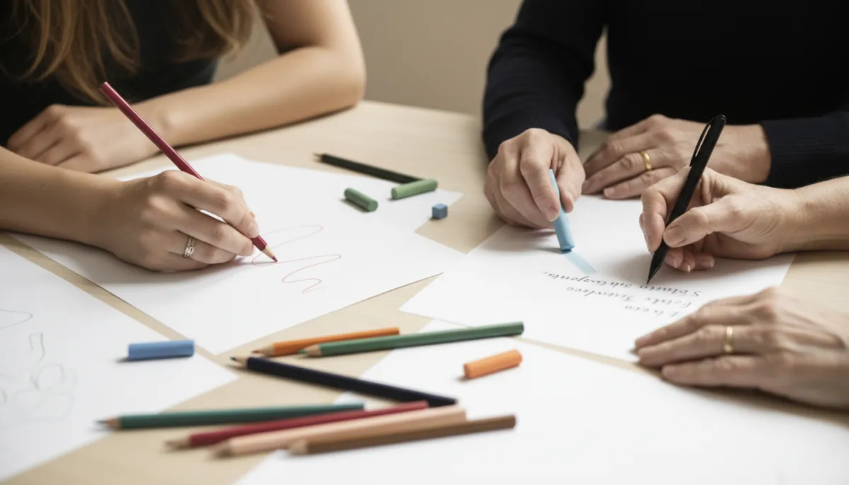Mains de femmes de différents âges dessinant et écrivant lors d’un atelier créatif