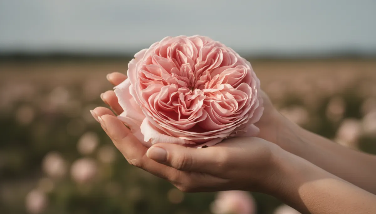 Mains tenant délicatement une rose centifolia fraîchement cueillie