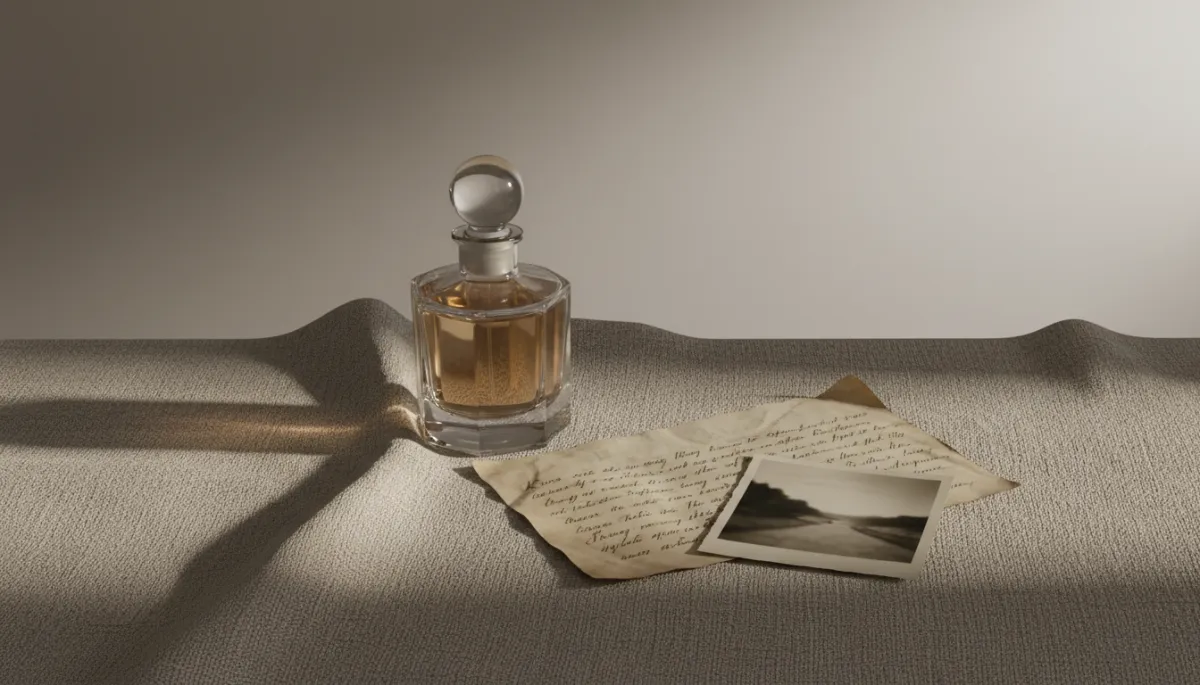 Flacon de parfum posé sur un tissu avec lettre manuscrite et photo ancienne
