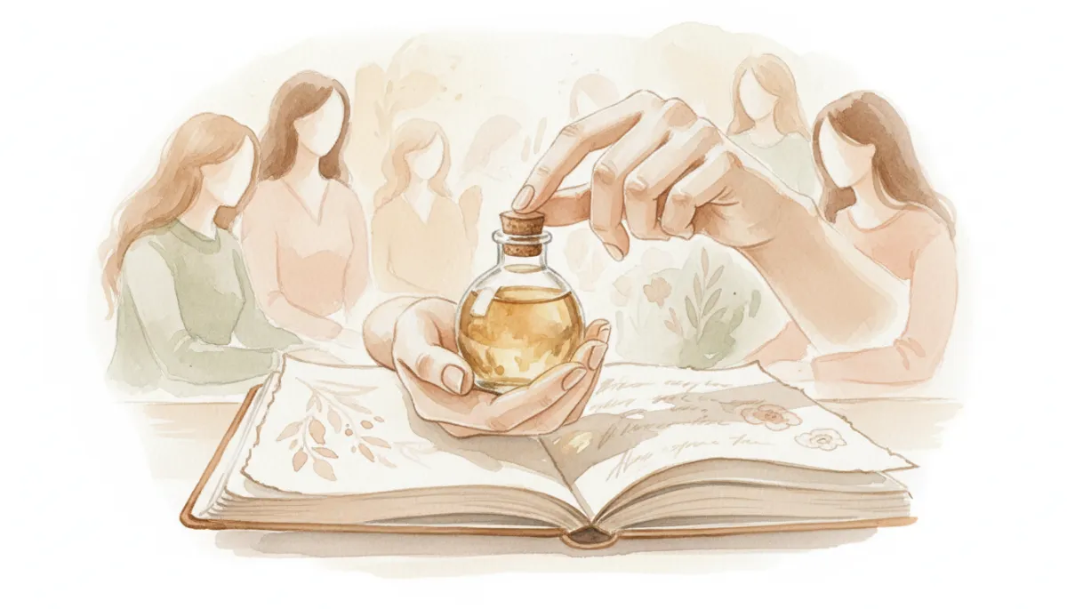 Woman holding an essential oil bottle during a reflective workshop moment