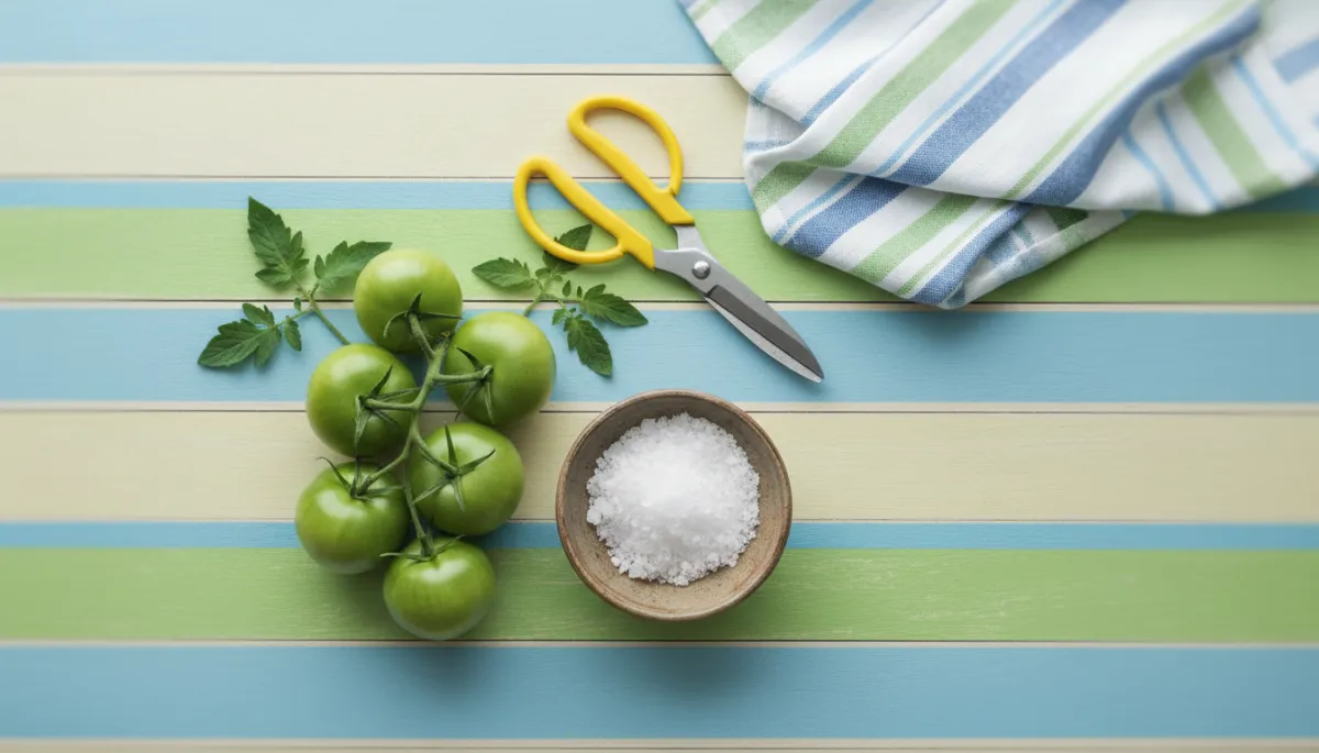 Tomates vertes sur table colorée avec accessoires de cuisine et de jardin Tomates vertes sur table colorée avec accessoires de cuisine et de jardin