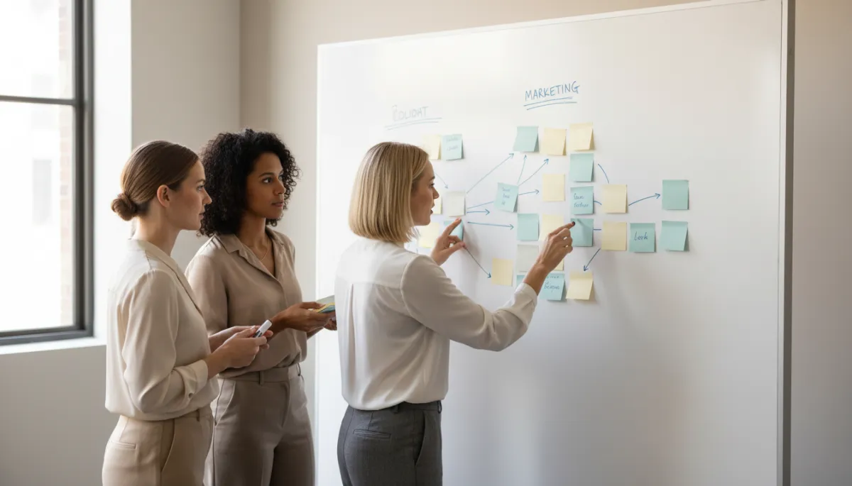Women consultants mapping a shared marketing plan together at a whiteboard