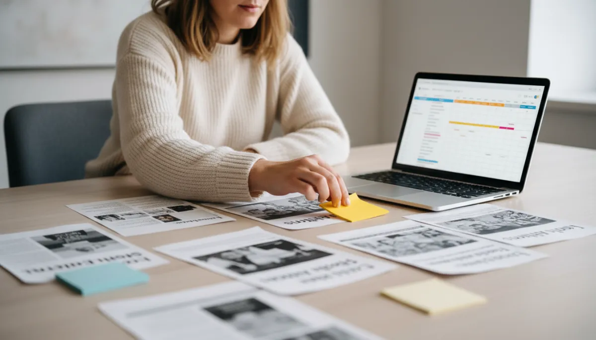 Woman strategist mapping a launch narrative with headlines and notes