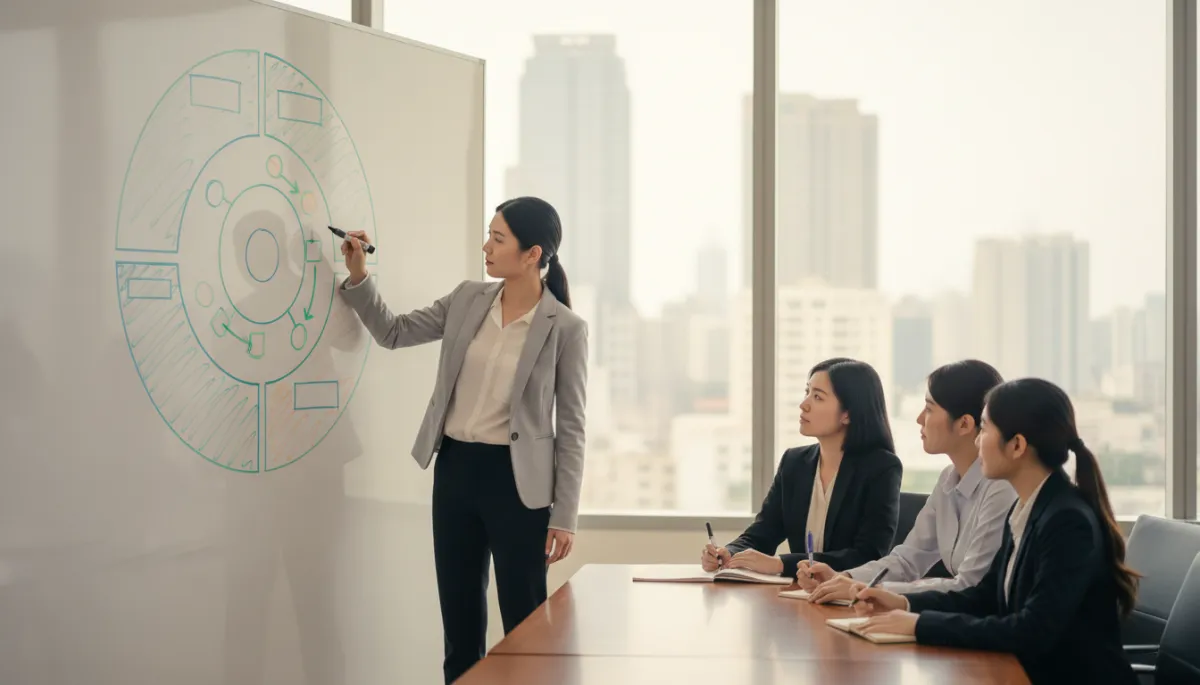 Female consultant illustrating a circular business ecosystem model for a group of women entrepreneurs Female consultant illustrating a circular business ecosystem model for a group of women entrepreneurs