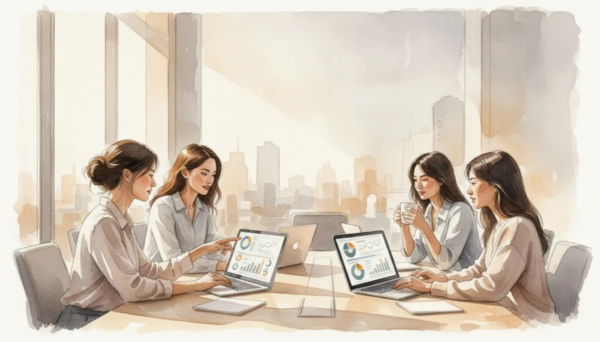 Diverse group of professional women collaborating around laptops with dashboards on screen Diverse group of professional women collaborating around laptops with dashboards on screen