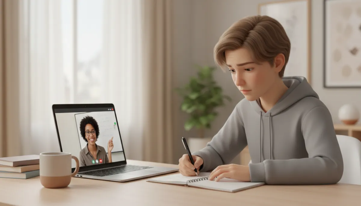 Focused teenager taking notes during an online tutoring session
