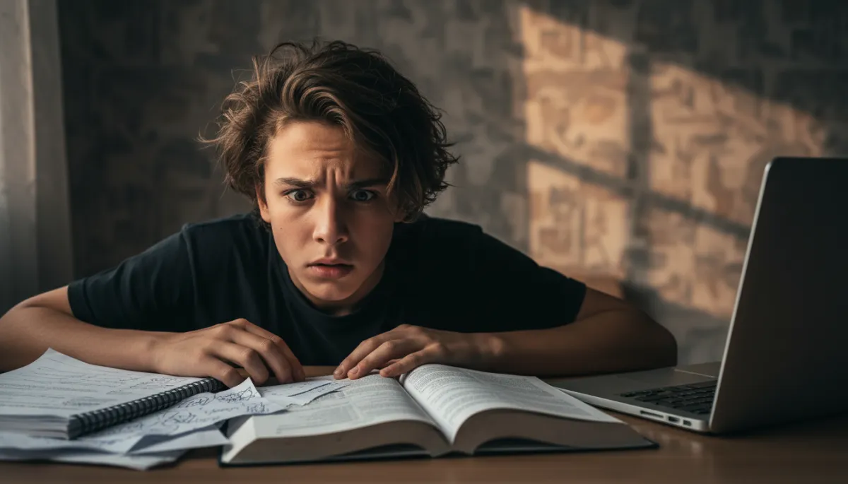 Teen student feeling overwhelmed while trying to study alone