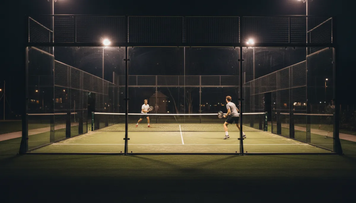 Create an image of a padel court. Style: Professional quality, photorealistic, high resolution
