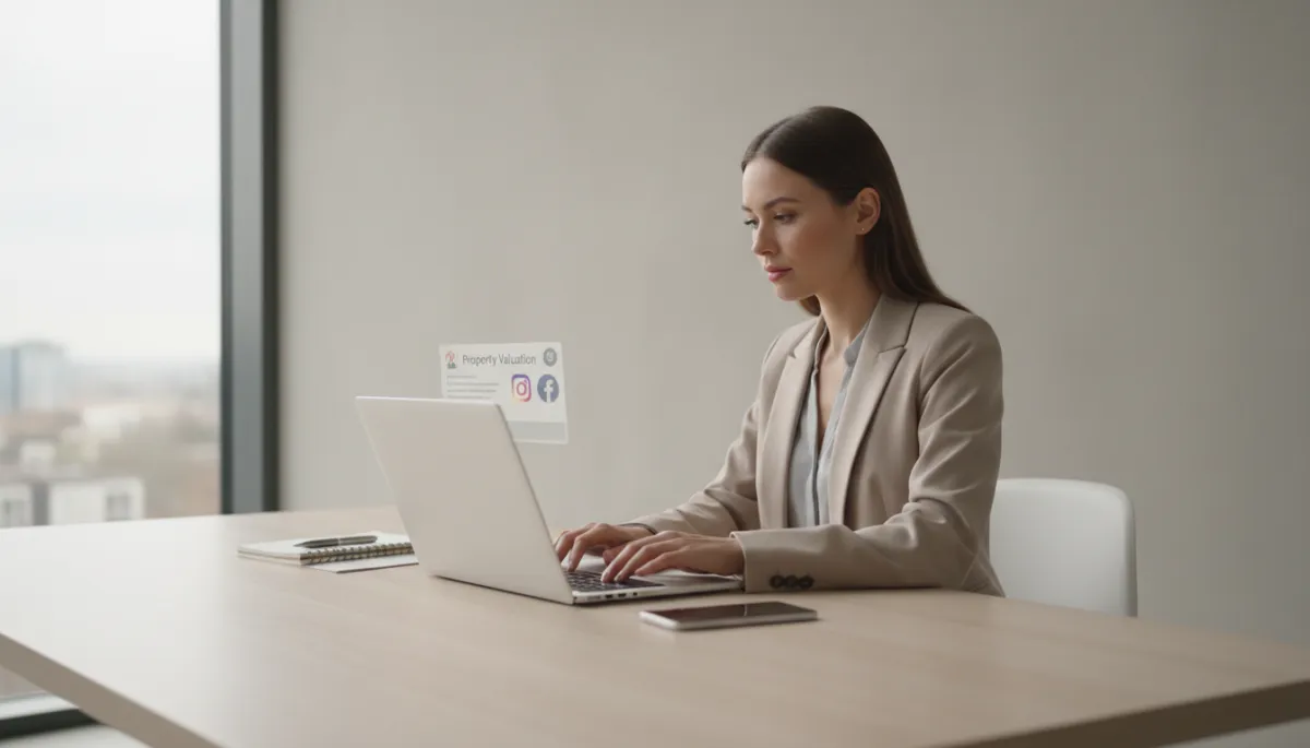 photorealistic neutral-colour scene of an estate agent in a bright but softly lit office reviewing property valuation enquiries on a laptop, Facebook and Instagram logos subtly visible on screen, tidy desk with notepad and smartphone, calm professional atmosphere