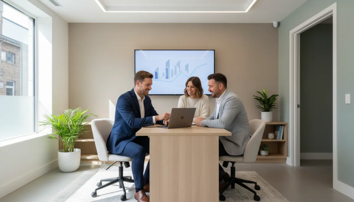 photographic realistic scene of a modern high-street estate agency office with a friendly agent discussing property listings on a laptop with a local couple, soft neutral colours, daylight through the window, subtle digital advertising graphics on a wall screen