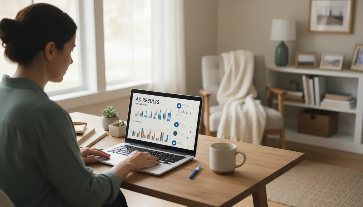 photographic realistic scene of a small local shop owner reviewing ad results on a laptop in a cosy neutral-toned office, soft daylight, charts and social media ads visible on screen