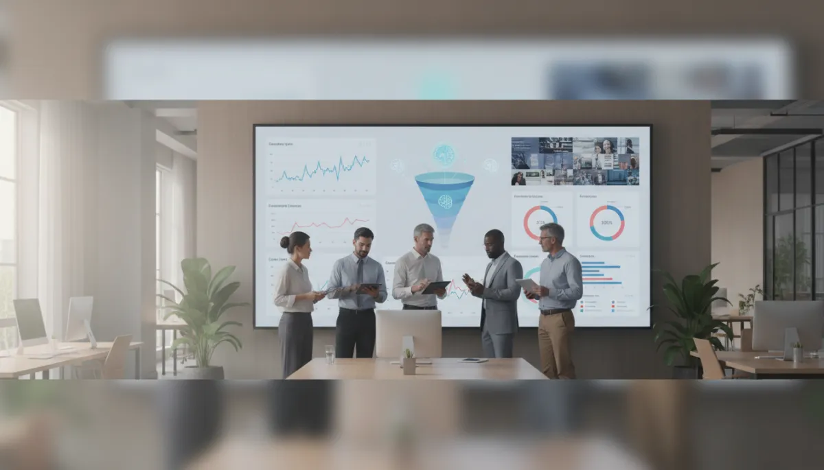 photorealistic neutral-toned modern office scene with a diverse marketing team gathered around a large screen showing analytics dashboards, AI-driven lead scoring charts and social media insights, soft natural light, calm professional atmosphere