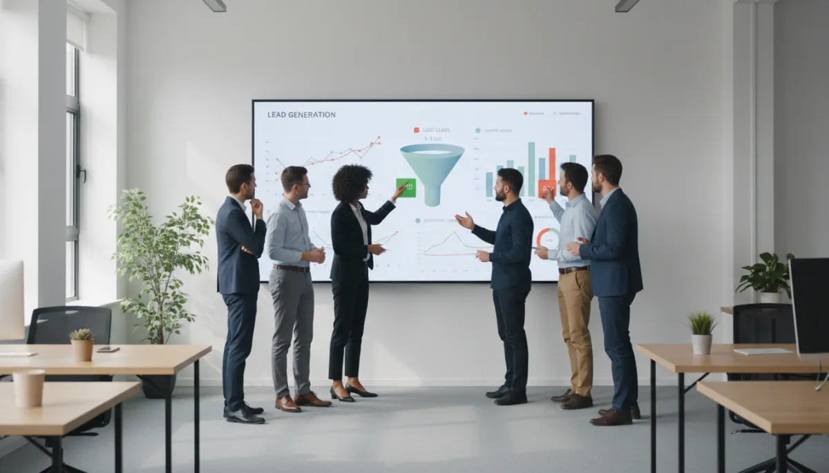 photorealistic neutral-toned modern office with a marketing team gathered around a large screen showing lead generation analytics, some leads highlighted in red and others in green, soft natural light, professional atmosphere