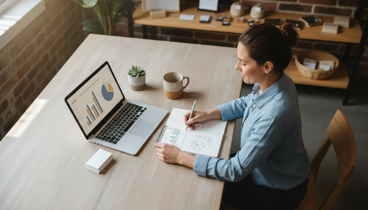 photorealistic overhead view of a small local shop owner at a wooden desk reviewing simple marketing reports on a laptop and notepad, soft natural light, neutral colour palette, calm friendly atmosphere