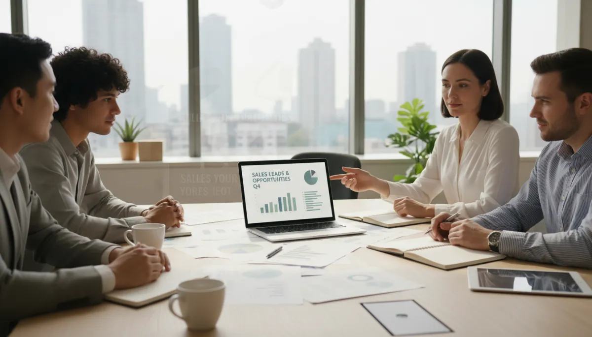 photorealistic neutral-toned scene of a small business owner and team reviewing sales leads and opportunities on a laptop in a bright office, paperwork and coffee on the table, subtle overlay text on screen