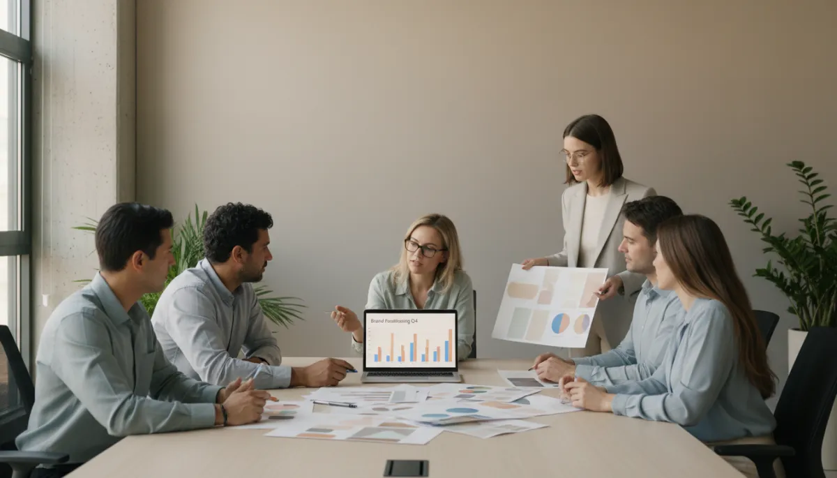 photographic realistic neutral-toned modern office meeting, marketing team gathered around a table reviewing brand positioning charts on a laptop and printed mood boards, soft natural light, calm professional atmosphere