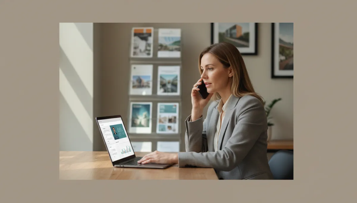 photorealistic neutral-toned modern UK estate agent sitting at a tidy desk, speaking on the phone while checking a laptop CRM, soft natural light, subtle real estate brochures in the background