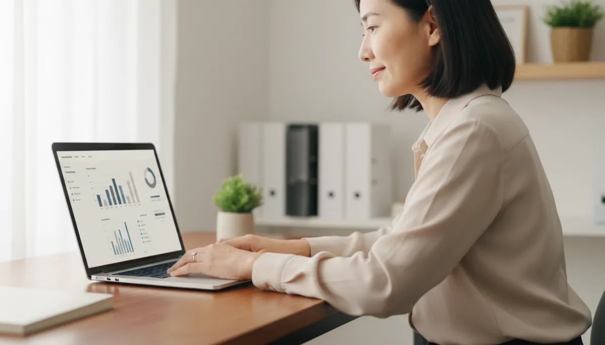 photographic realistic neutral-colour scene of a local shop owner looking at a simple marketing dashboard on a laptop in a small office, soft natural light, calm professional atmosphere