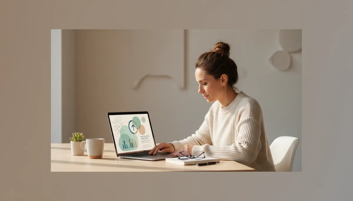 modern clean neutral-toned scene of a small business owner reviewing a marketing report on a laptop, with a case study style customer success story displayed on screen, soft natural light, uncluttered desk