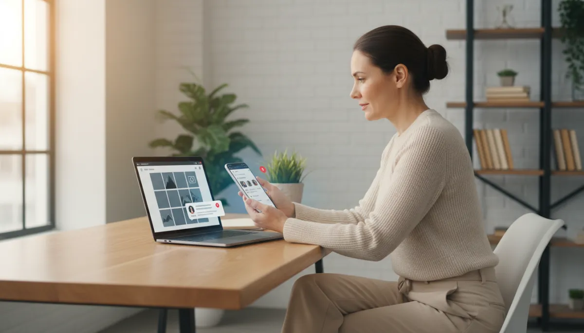 photorealistic neutral-toned scene of a small business owner sitting at a wooden desk, drafting social media posts on a laptop and smartphone, with notifications and comments visible on screens, soft natural light, calm professional atmosphere
