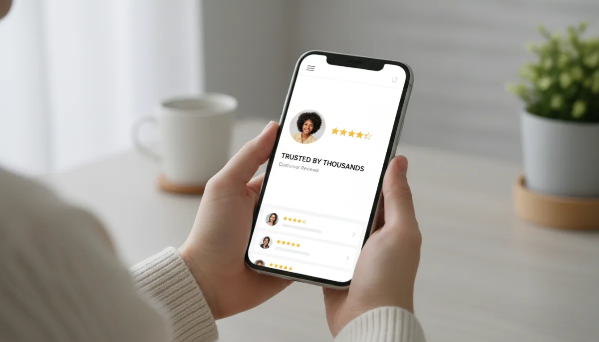 photorealistic neutral-toned scene of a person scrolling social media on a smartphone, clearly focused on an advert showing five-star reviews and a customer photo, soft daylight, modern but simple workspace in the background