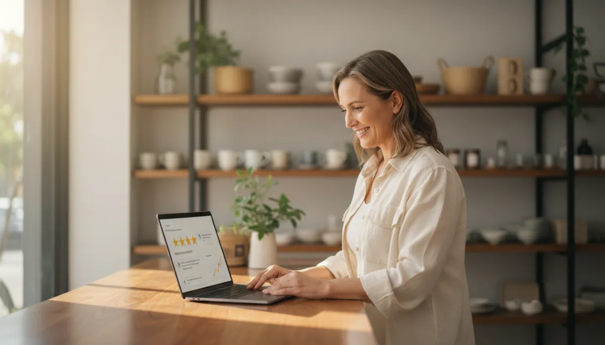 photorealistic neutral-toned scene of a local shop owner standing behind the counter, smiling while looking at a laptop showing a review dashboard with five-star ratings and customer comments, soft natural lighting and calm colour palette