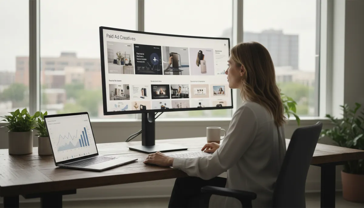 photorealistic neutral-toned office scene with a marketer reviewing multiple paid ad creatives on a large monitor, charts of ad performance metrics on a laptop beside them, soft natural light, modern but understated workspace