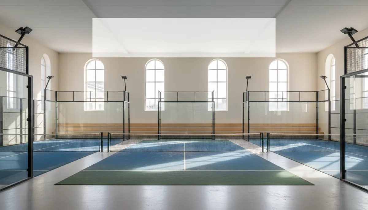photographic realistic scene of an empty indoor padel club on a weekday afternoon, soft neutral colours, sunlight through high windows, neatly maintained courts with no players, subtle overlay space for title text