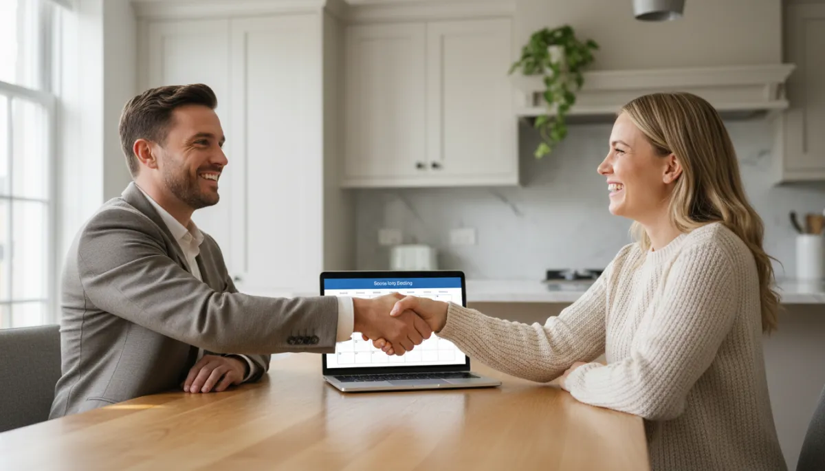 photographic realistic neutral-toned scene of a friendly local estate agent shaking hands with a homeowner at a kitchen table, open laptop showing an online booking calendar, soft natural daylight, calm professional atmosphere