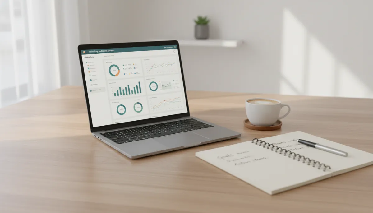 photorealistic neutral-toned office desk with open laptop showing marketing analytics dashboard, notebook with handwritten goals, pen and cup of coffee beside, soft natural light from window