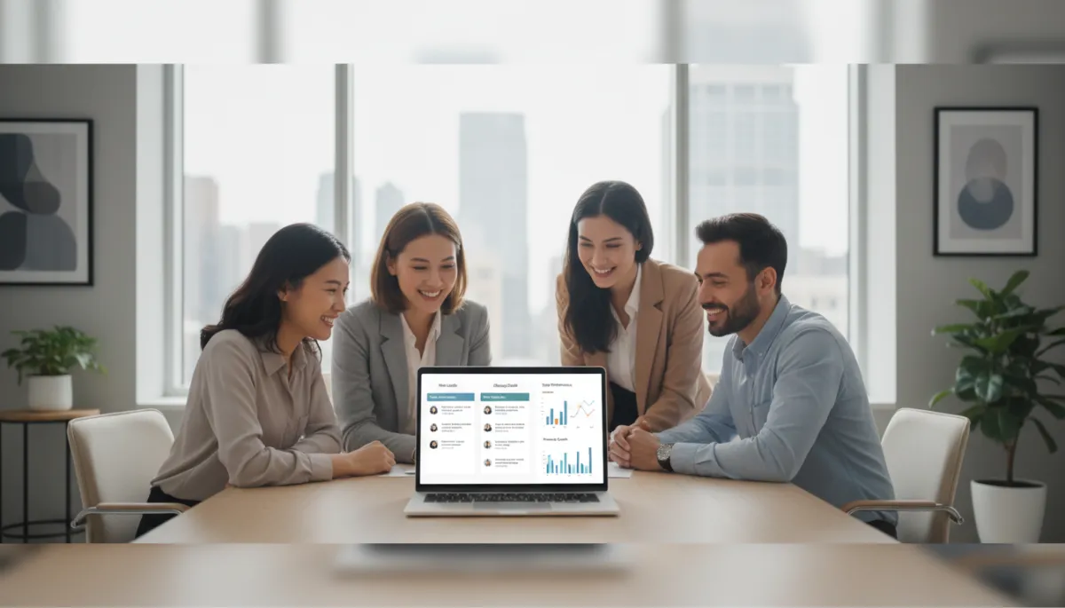 photorealistic neutral-toned modern office scene, friendly sales team gathered around a laptop reviewing a simple CRM dashboard with lead status columns and performance charts, soft natural light, calm professional atmosphere