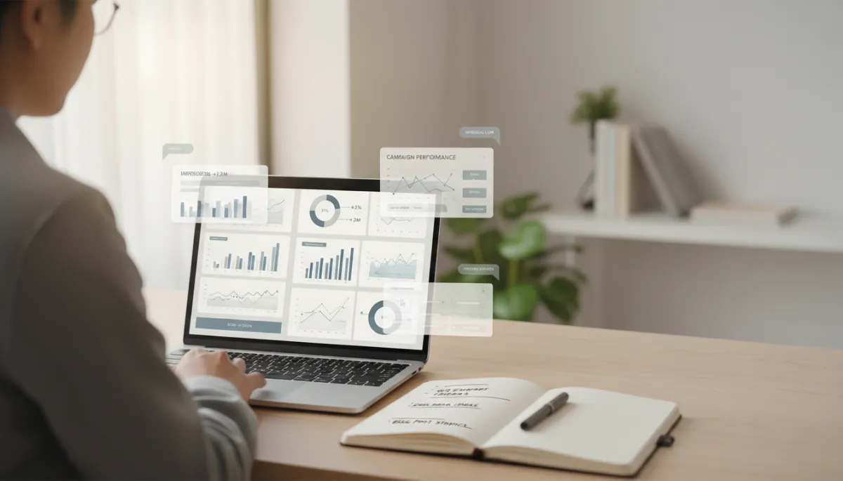modern clean neutral-toned workspace with a marketer reviewing ad performance dashboards on a laptop, open notebook with content ideas, soft natural light, subtle UI overlays for metrics and content snippets