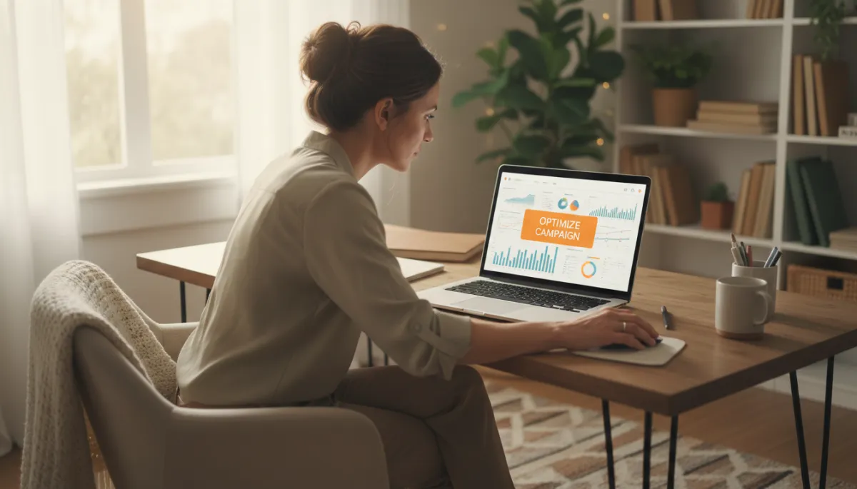 photographic realistic neutral-colour scene of a small business owner reviewing online ad performance on a laptop, with a call-to-action button visible on screen, soft natural light in a cosy office